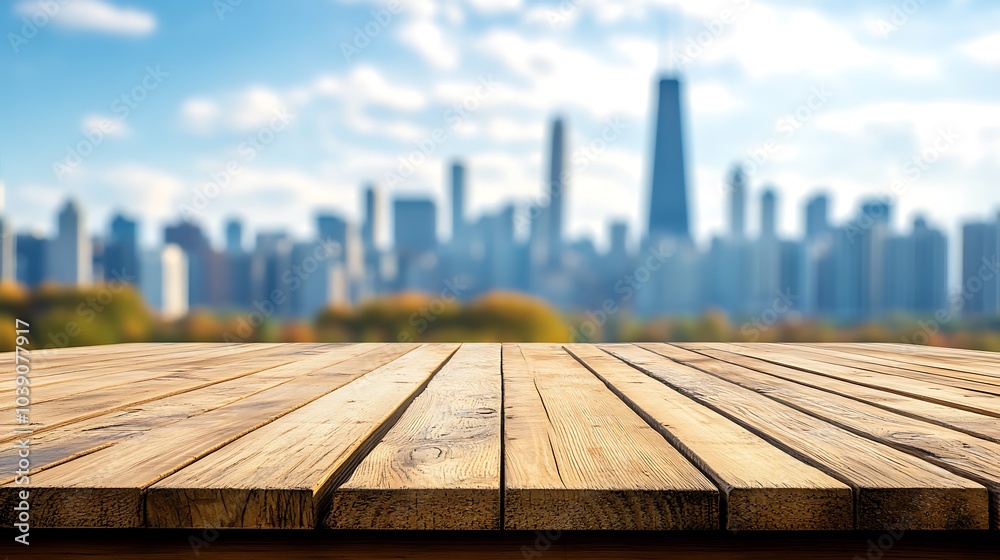 Wooden Tabletop Cityscape Background Sunset Wooden Tabletop Cityscape Background Sunset