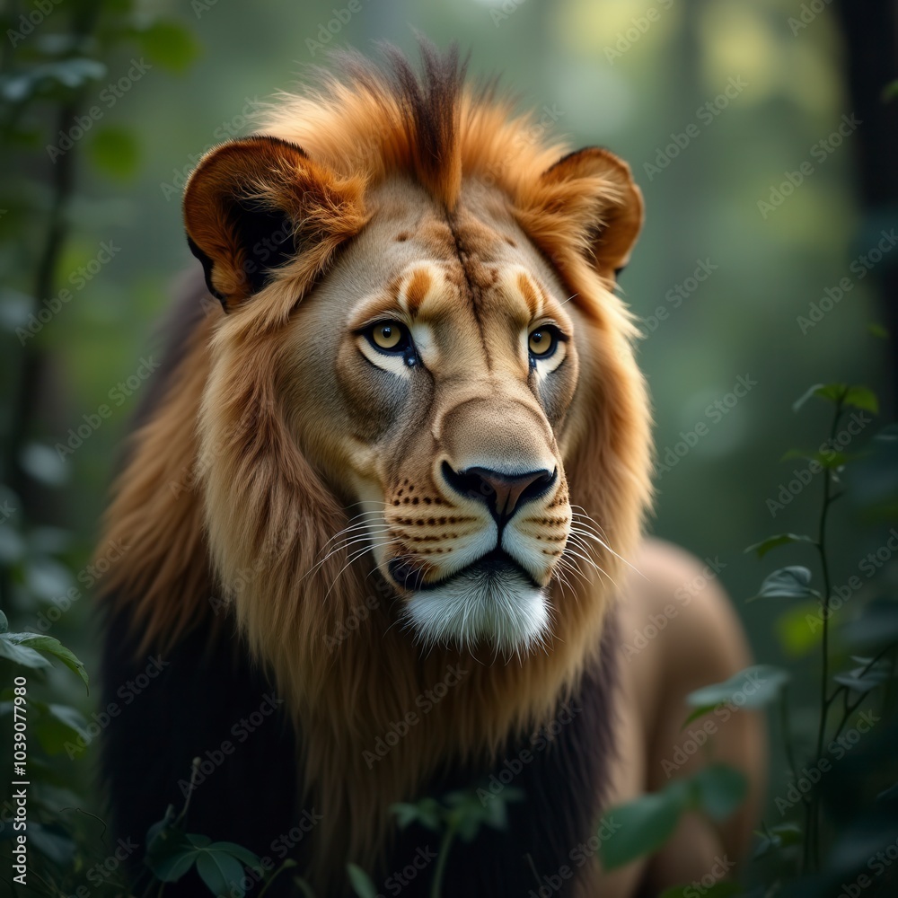 Close up of a lion in the jungle portrait of a lion in the forest Close up of a lion in the jungle portrait of a lion in the forest