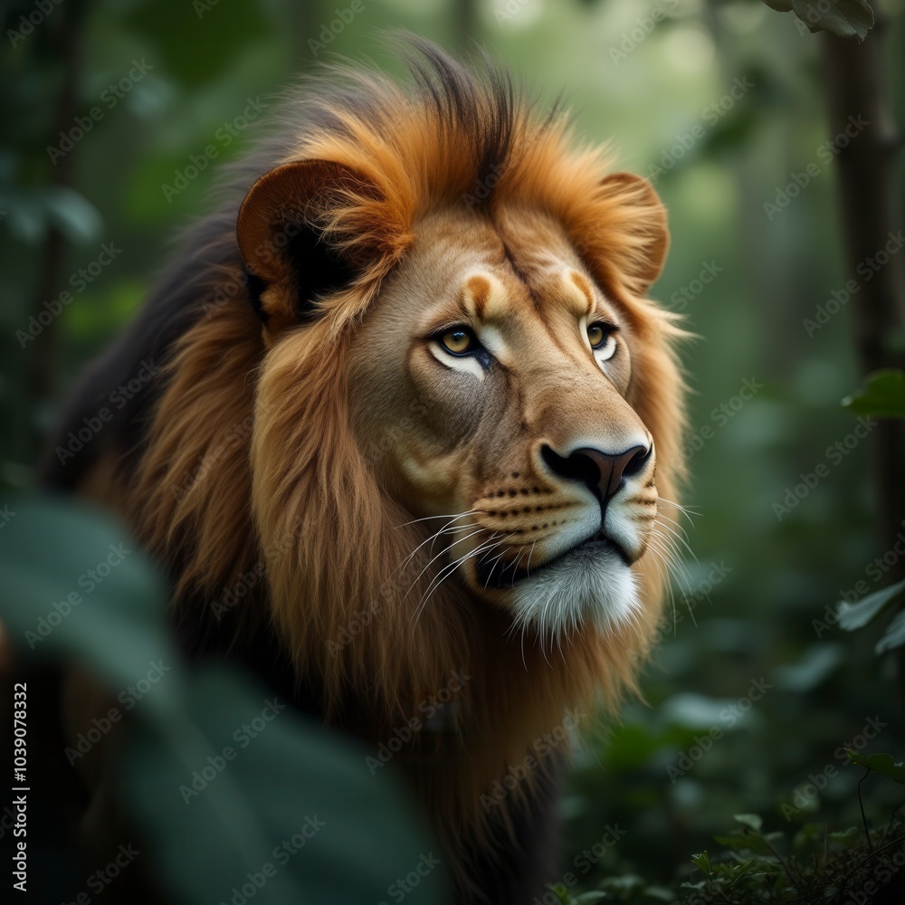 Close up of a lion in the jungle portrait of a lion in the forest Close up of a lion in the jungle portrait of a lion in the forest