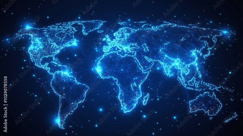Abstract Blue Glowing World Map with Interconnected Lines and Dots Abstract Blue Glowing World Map with Interconnected Lines and Dots