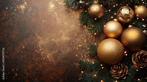 Festive Christmas Ornaments on Evergreen Branches with Golden Glow