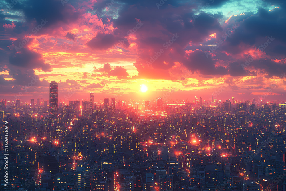 Obraz premium Urban skylines during twilight, with a blend of fading daylight and rising city lights, evoke a sense of transition. Concept of urban transitions.