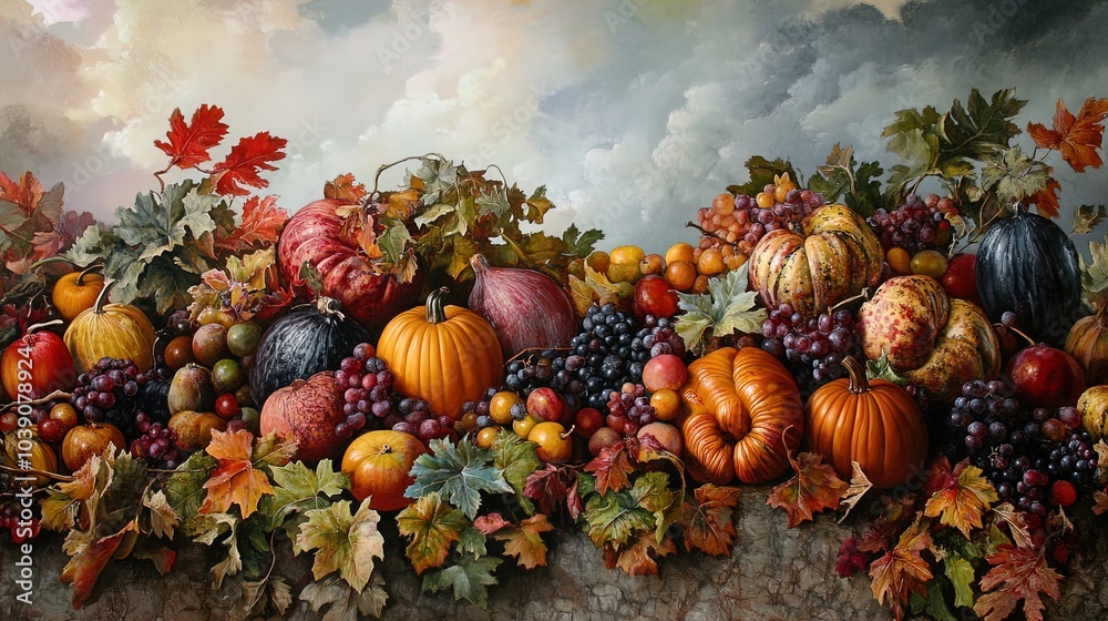 A vibrant and richly textured still life scene featuring an abundance of autumn fruits and vegetables. The foreground is filled with a variety of pumpkins in different shapes and colors, along with cl A vibrant and richly textured still life scene featuring an abundance of autumn fruits and vegetables. The foreground is filled with a variety of pumpkins in different shapes and colors, along with cl