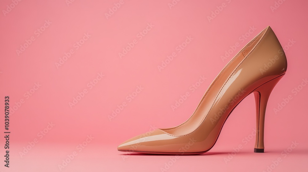 Pair of elegant high-heeled shoes in beige color, placed on a solid pastel pink background Pair of elegant high-heeled shoes in beige color, placed on a solid pastel pink background