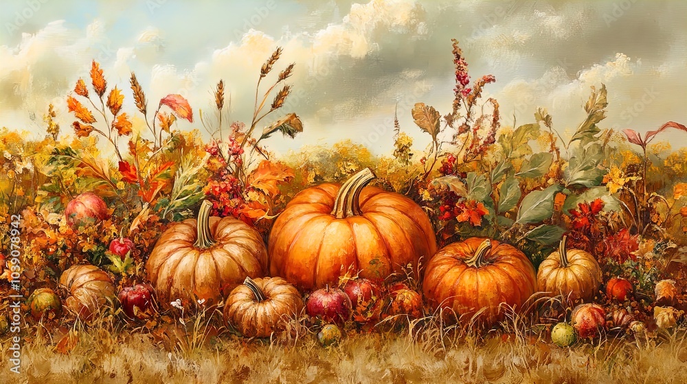 A picturesque autumn scene featuring an array of pumpkins in various sizes and colors, set against a backdrop of vibrant fall foliage. The pumpkins, predominantly in shades of orange and cream, are ne A picturesque autumn scene featuring an array of pumpkins in various sizes and colors, set against a backdrop of vibrant fall foliage. The pumpkins, predominantly in shades of orange and cream, are ne
