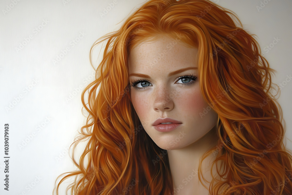 Obraz premium Redhead Beauty: A captivating portrait of a woman with vibrant red hair and piercing blue eyes, exuding confidence and allure. The soft light and subtle makeup enhance her natural beauty.