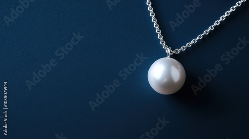 Single pearl necklace on a solid navy blue background