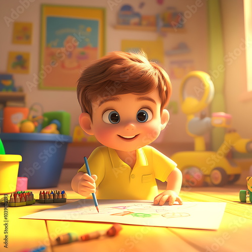 Funny cute boy draws with pencils or markers, 3d illustration, cartoon style.