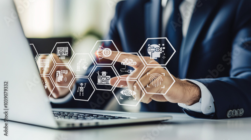 Business professional managing AI-driven operations; utilizing a digital interface to optimize and control artificial intelligence applications in various business processes.