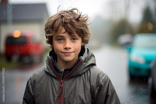 portrait of a boy on the street in the rain, outdoor portrait