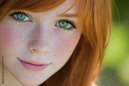 Radiant Redhead Portrait: Close-up of a young woman with vibrant red hair, captivating green eyes, and delicate freckles, exuding natural beauty and charm.