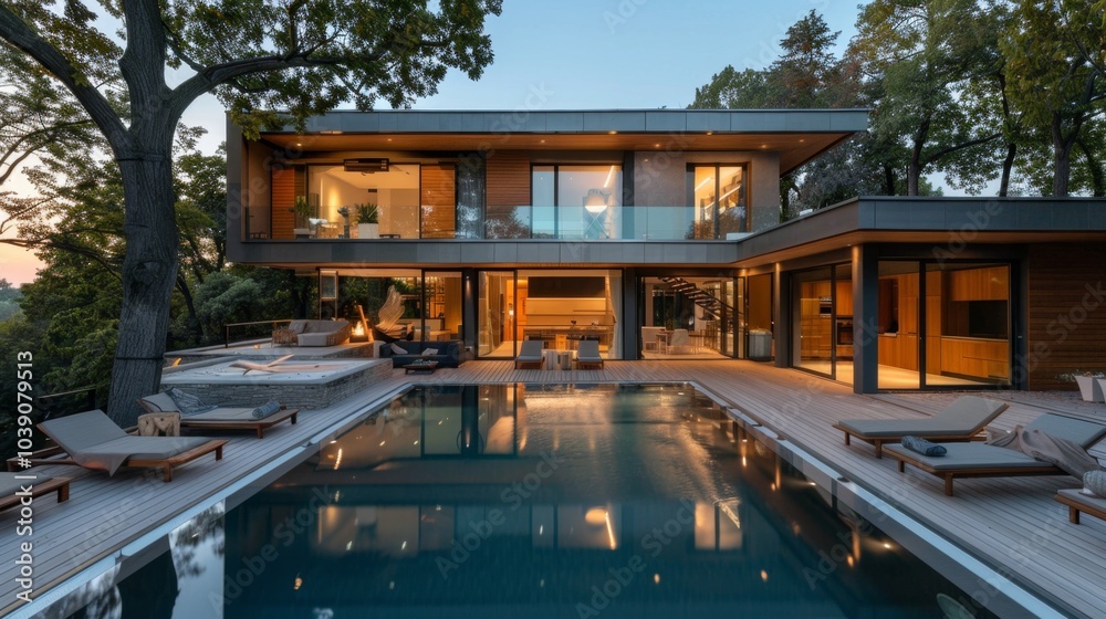 Modern Luxury Home at Dusk with Illuminated Interior