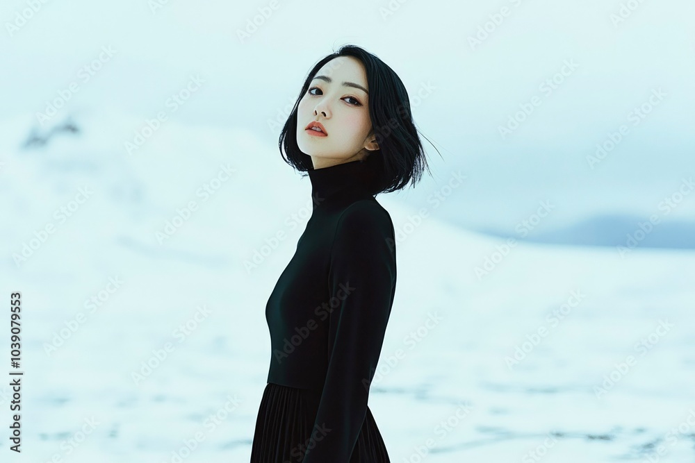 A woman in a black turtleneck dress standing in a snowy landscape A woman in a black turtleneck dress standing in a snowy landscape