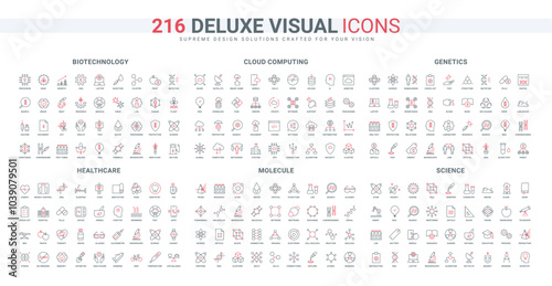 Cloud computing, database security and information transfer, science documents and research line icon set. Biotechnology, lab robot and computer thin black and red outline symbols vector illustration