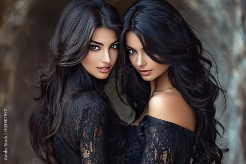 Twin Mystique:  Two captivating women with long, flowing black hair, dressed in elegant black lace, share a mysterious gaze, creating an air of allure and enigma.