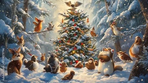 Fototapeta Naklejka Na Ścianę i Meble -  A whimsical winter scene featuring a variety of adorable woodland animals gathered around a beautifully decorated Christmas tree. The landscape is covered in a thick layer of snow, with snowflakes gen