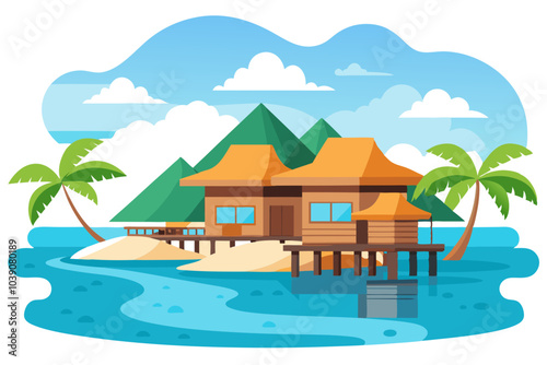 Panoramic view on water villas at tropical resorb