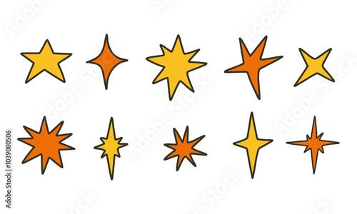Abstract Star Icons Set. A collection of 9 abstract star icons in various shapes and colors, perfect for adding shine and energy to creative projects