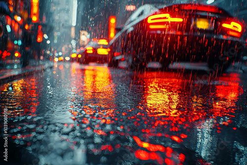 City streets drenched in rain, with reflections of neon lights, offer a cinematic and dramatic view of urban areas. Concept of cinematic urban scenes. photo