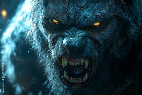 A werewolf transformation scene, where a person painfully morphs into the creature under the full moon, adds to the gruesome horror of Halloween. Concept of fear.