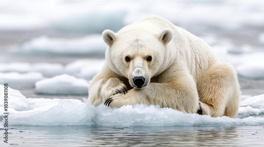 Fototapeta premium Polar bear resting on ice, with a serene expression and white background.