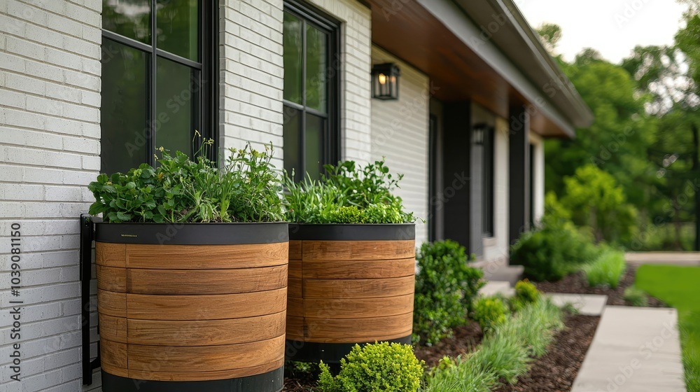 Fototapeta premium Stylish wooden flower pots with greenery by a modern house, white background.