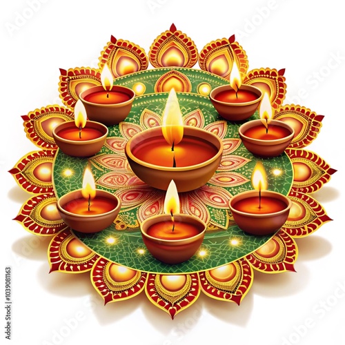 Elegant Diwali Diyas on Rangoli with White Background – Bright Festival of Lights