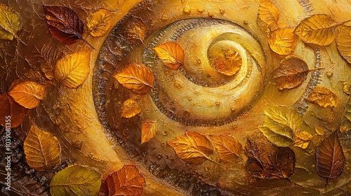 An abstract artwork depicts a swirling pattern resembling a spiral, infused with warm autumn colors. The background transitions from deep browns to golden yellows, evoking a sense of both depth and mo