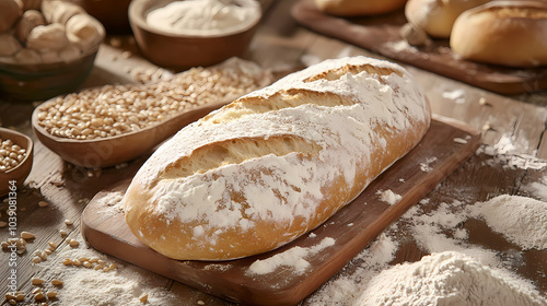 Freshly Baked Artisan Bread: A golden loaf of crusty artisan bread, dusted with flour, sits on a rustic wooden cutting board, surrounded by ingredients like wheat grains, flour, and other breads. photo