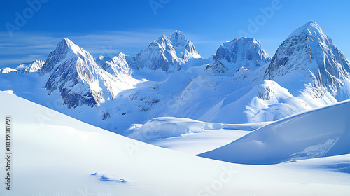 Wallpaper Mural Majestic Winter Peaks: A breathtaking panoramic view of snow-covered mountains under a vibrant blue sky. Serene landscape photography capturing the beauty of a pristine winter wonderland.  Torontodigital.ca