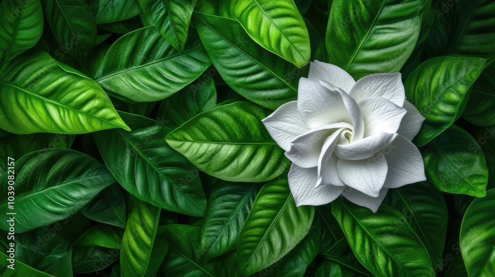 Obraz premium Elegant White Flower Surrounded by Green Leaves