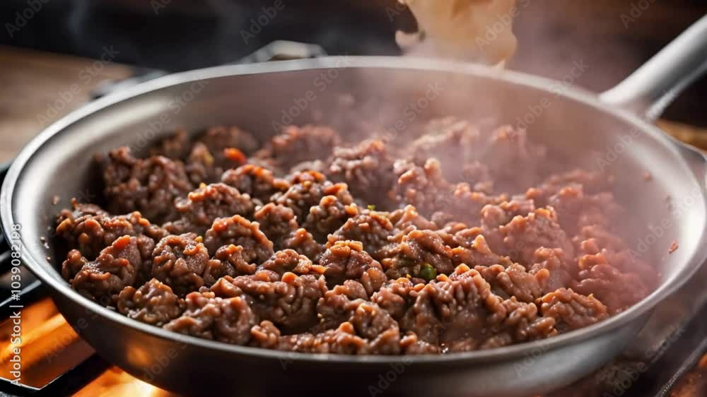 Seasoned ground beef sizzling in a pan, with smoke rising as it's cooked to perfection Seasoned ground beef sizzling in a pan, with smoke rising as it's cooked to perfection