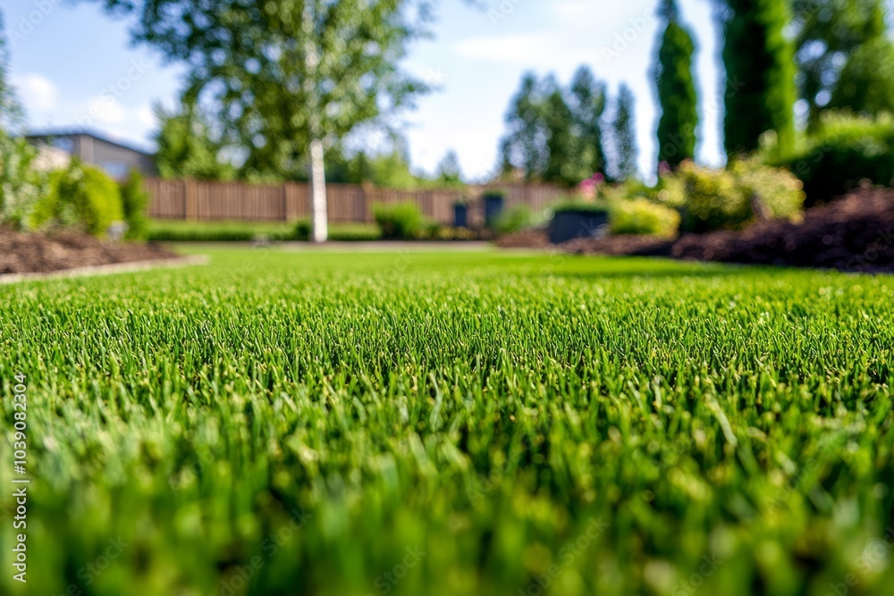 Modern backyard with perfectly manicured lawn, ideal for landscape and home design inspiration Modern backyard with perfectly manicured lawn, ideal for landscape and home design inspiration