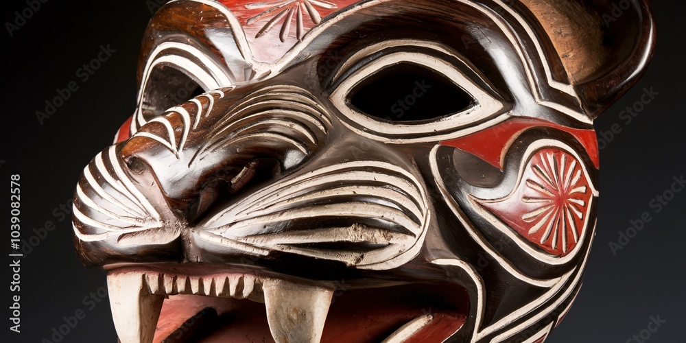Naklejka premium Senufo Boloye Panther Dance Mask. A close-up of a carved panther mask used in the Boloye dance by the Senufo people of Côte d'Ivoire.