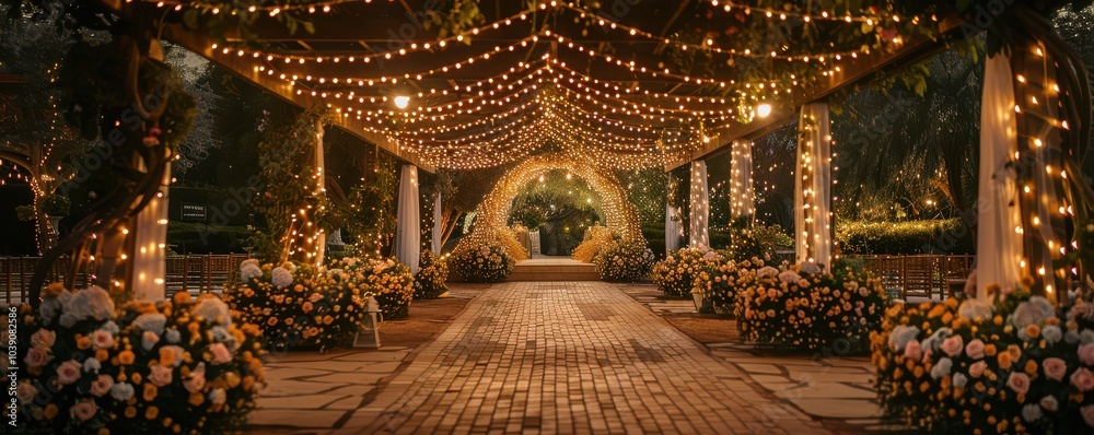 Obraz premium Elegant wedding ceremony setup with floral arrangements, twinkling lights, and a romantic evening setting. Free copy space for text.