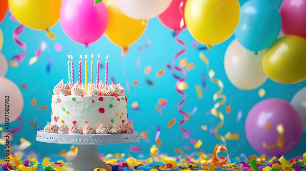 A birthday cake with lit candles sits on a cake stand in front of a blue background with colorful balloons and confetti.