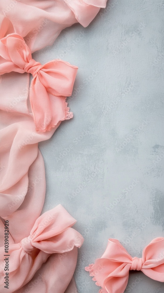 Delicate pink bows and soft fabrics decorating pastel background representing the essence of girlhood design Delicate pink bows and soft fabrics decorating pastel background representing the essence of girlhood design