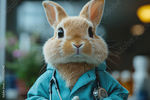 A rabbit dressed as a doctor reflects the burden of healthcare professionals. Concept of animals in human roles.
