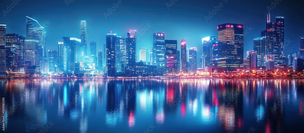 A night view of a city skyline with tall buildings lit up with colorful lights reflected in the water.