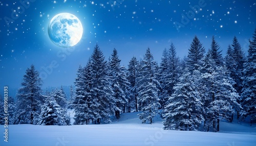 Snowy forest under a full moon