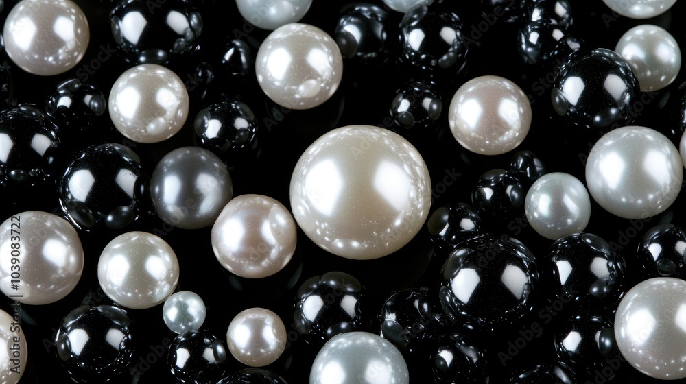 Elegant display of black and white pearls on black background Elegant display of black and white pearls on black background