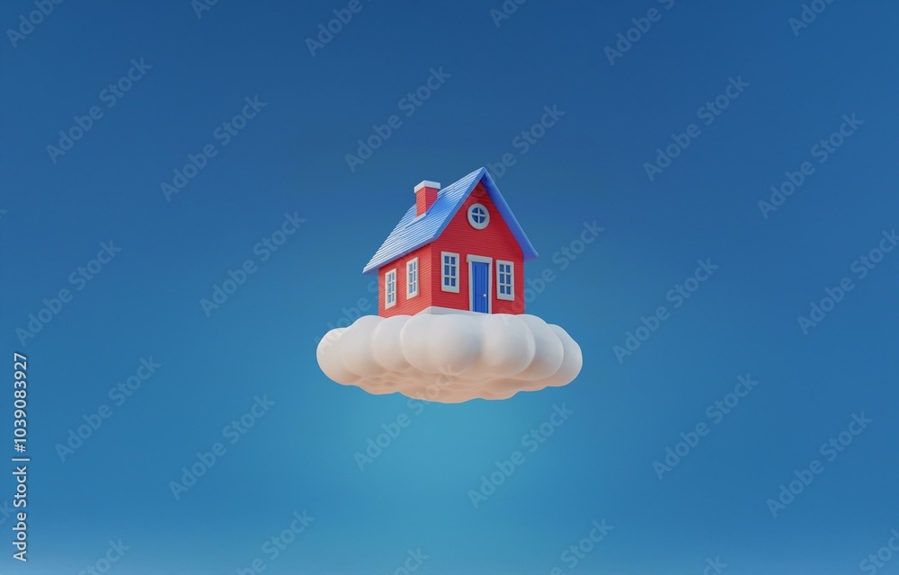 Naklejka premium A red and blue house sits atop a fluffy white cloud against a clear blue sky.