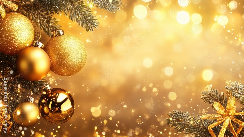 Festive Golden Holiday Background with Glittering Ornaments and Pine Branches Festive Golden Holiday Background with Glittering Ornaments and Pine Branches
