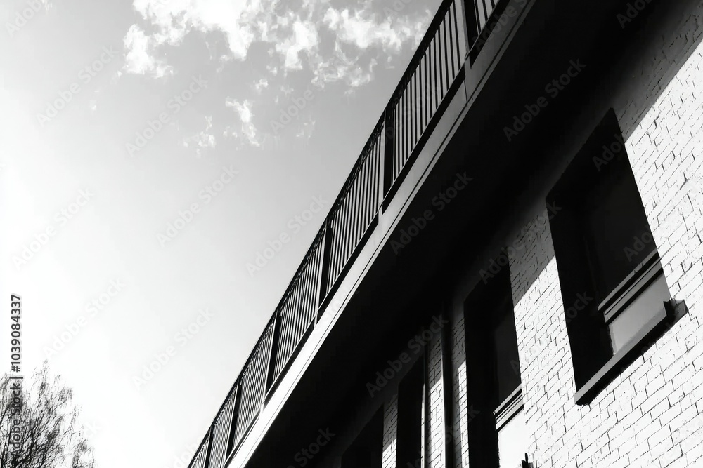 Fototapeta premium A Low-Angle View of a Brick Building with a Metal Railing
