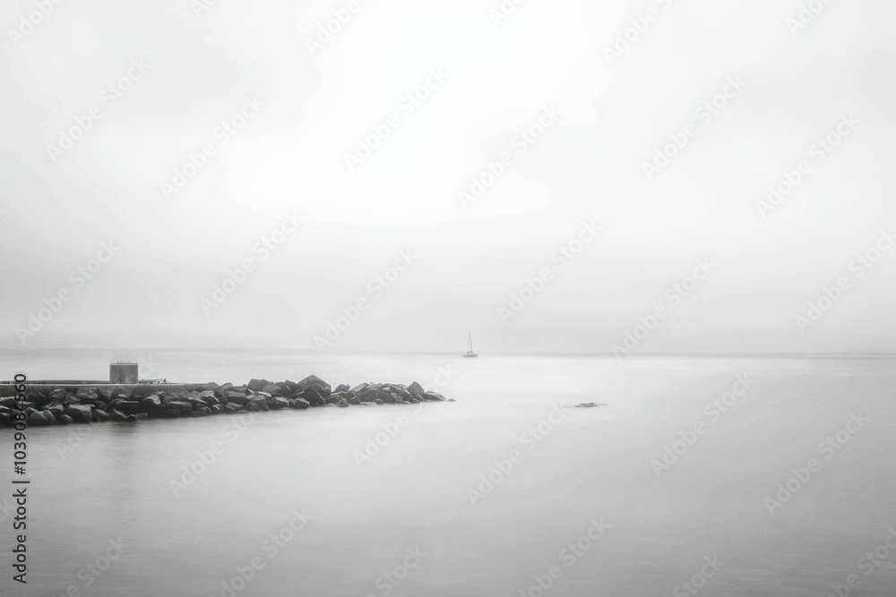Fototapeta premium A Solitary Boat in a Foggy Harbor