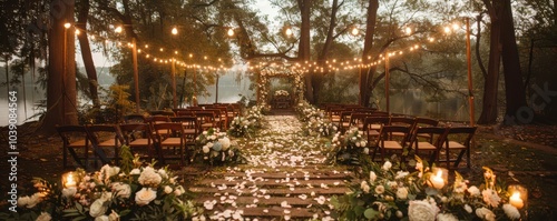 Elegant wedding ceremony setup with floral arrangements, twinkling lights, and a romantic evening setting. Free copy space for text.
