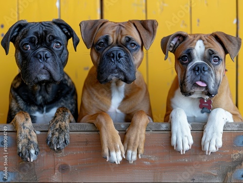 Charming portraits of adorable boxer and english bulldog dogs sitting together against a bright yellow background photo