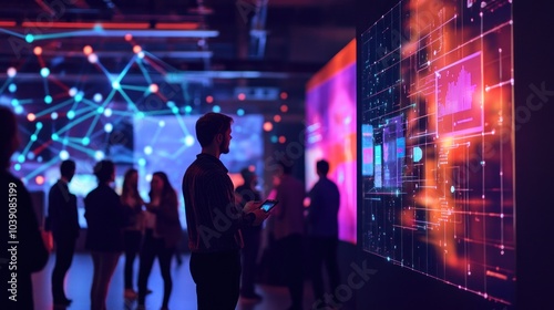 A group of people stand in a dimly lit room, illuminated by a large digital display showing data and graphs. The people are looking at the screen with interest, seemingly absorbing the information.