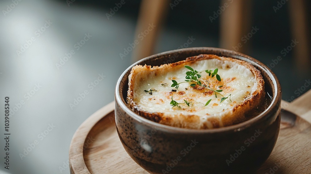 Close-up of a wooden tray with a bowl of food on it, against a tablecloth and a nearby chair in the backdrop Close-up of a wooden tray with a bowl of food on it, against a tablecloth and a nearby chair in the backdrop