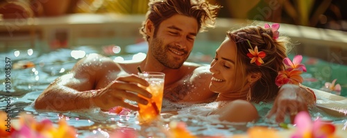 Happy couple enjoying a relaxing moment in a hot tub, smiling and holding drinks, romantic vacation. Free copy space for text.